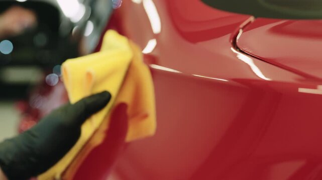 Slow motion closeup of wiping red car with microfiber cloth
