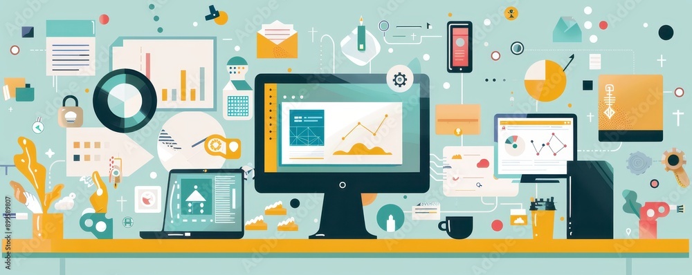 Aufkleber business workspace with multiple monitors displaying data analytics, charts, graphs, and office supp