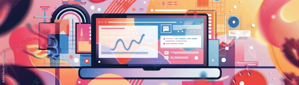 Poster colorful digital abstract illustration of a laptop displaying various data analytics and user interf