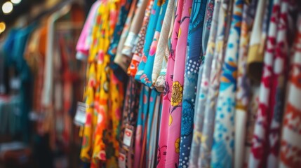 Colorful display of vibrant, patterned fabrics hanging in a row, perfect for use in fashion, design, or textile projects.