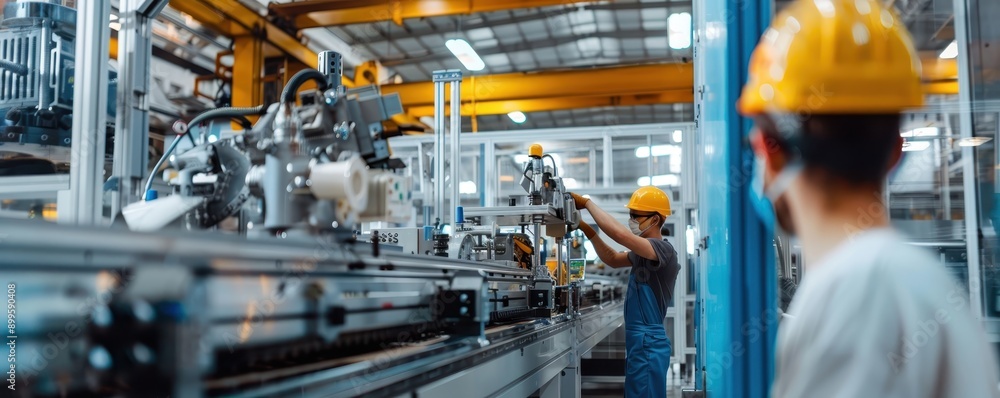 Poster factory workers in helmets operate machines in an industrial manufacturing setting, focusing on effi