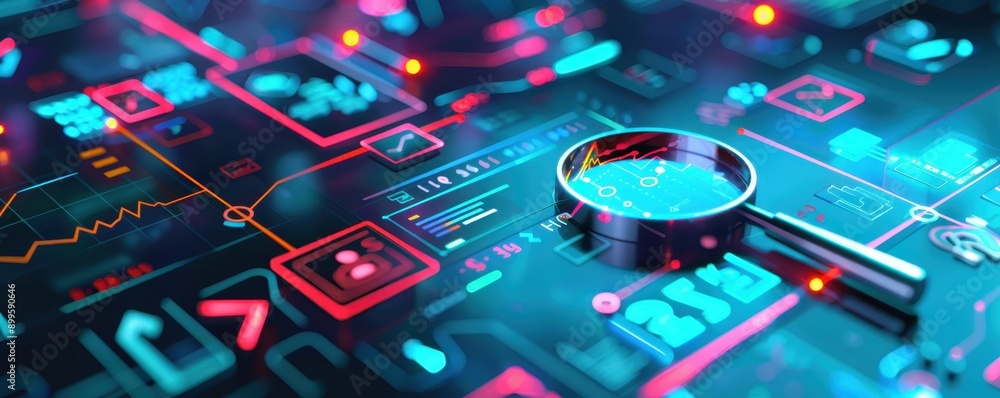 Poster high-tech digital interface with data analysis elements, magnifying glass highlighting information, 