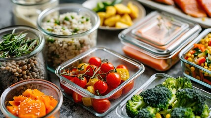 Healthy meal prep with various vegetables and grains in glass containers on a kitchen counter, ready for storage and later use.