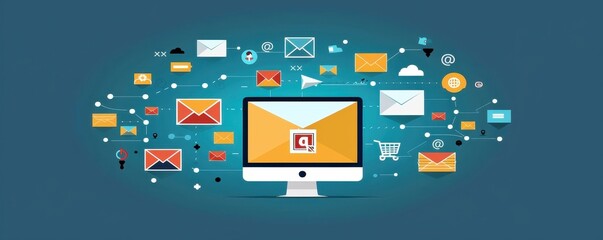 Modern digital marketing concept with a computer surrounded by email, social media, and digital icons on a blue background.