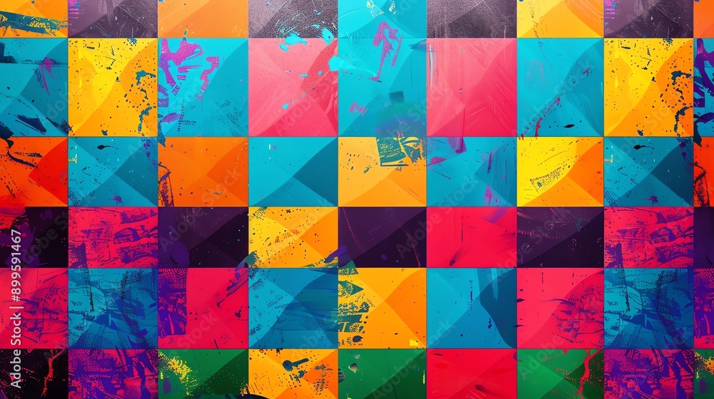 Poster a checkered pattern in multiple bright colors.