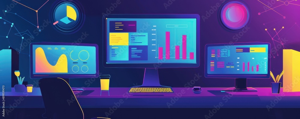 Poster modern workspace with digital analytics dashboards on multiple screens, displaying graphs and charts