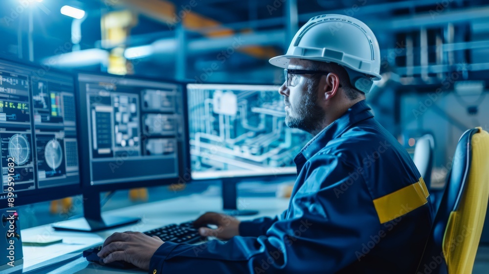 Poster Engineer with helmet working on a computer in a high-tech factory control room. Perfect for industrial engineering and system management.