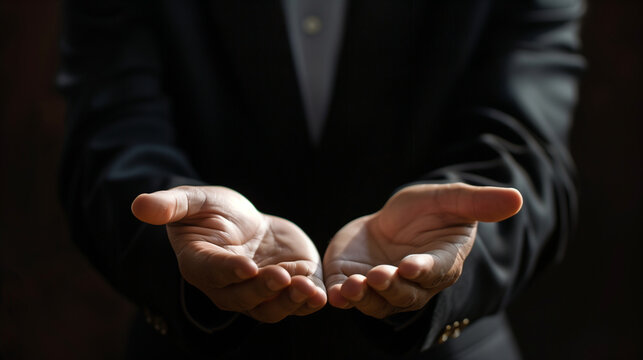 Businessman holding out his hands to make an offer or help, close up shot of man in suit showing open palms and welcoming new customers into his office. Photo on black background,