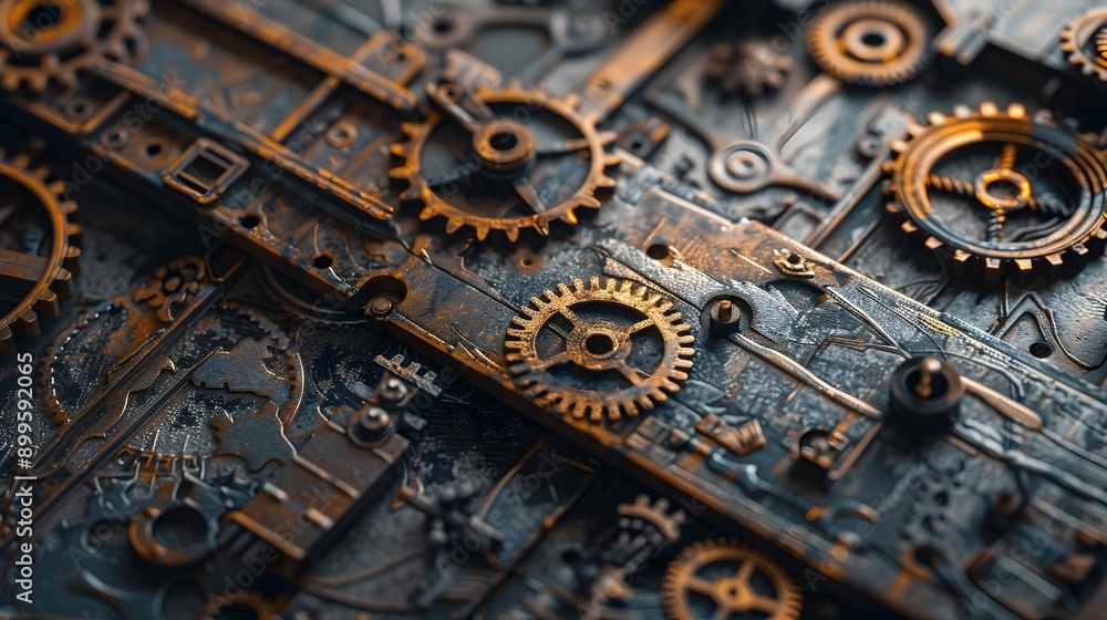 Poster intricate clockwork mechanism with cercopid pattern textures in steampunk aesthetic