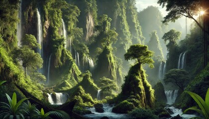 Majestic Waterfalls in Lush Jungle
