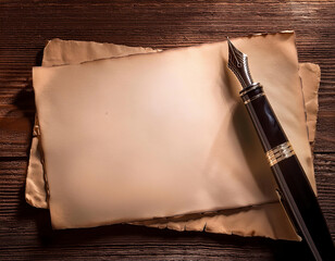Old paper and ink pen on wooden table. Retro style toned picture. copy space for your text and design