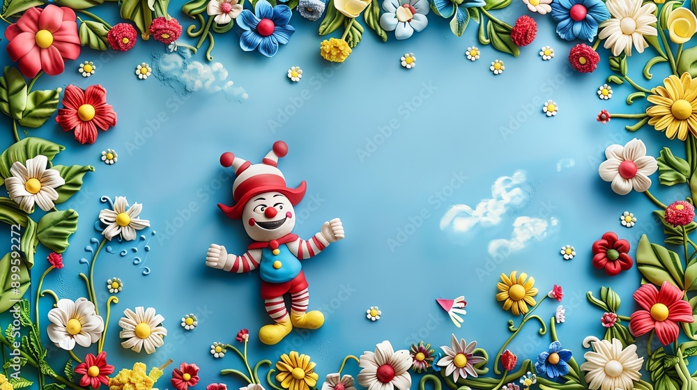 Poster a claymation scene with a clown in the middle and flowers around it.