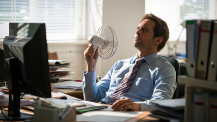 Fototapeta premium A man sitting at a desk with his hand on the fan, AI