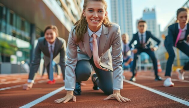Business people standing ready for run sprint competition on race track