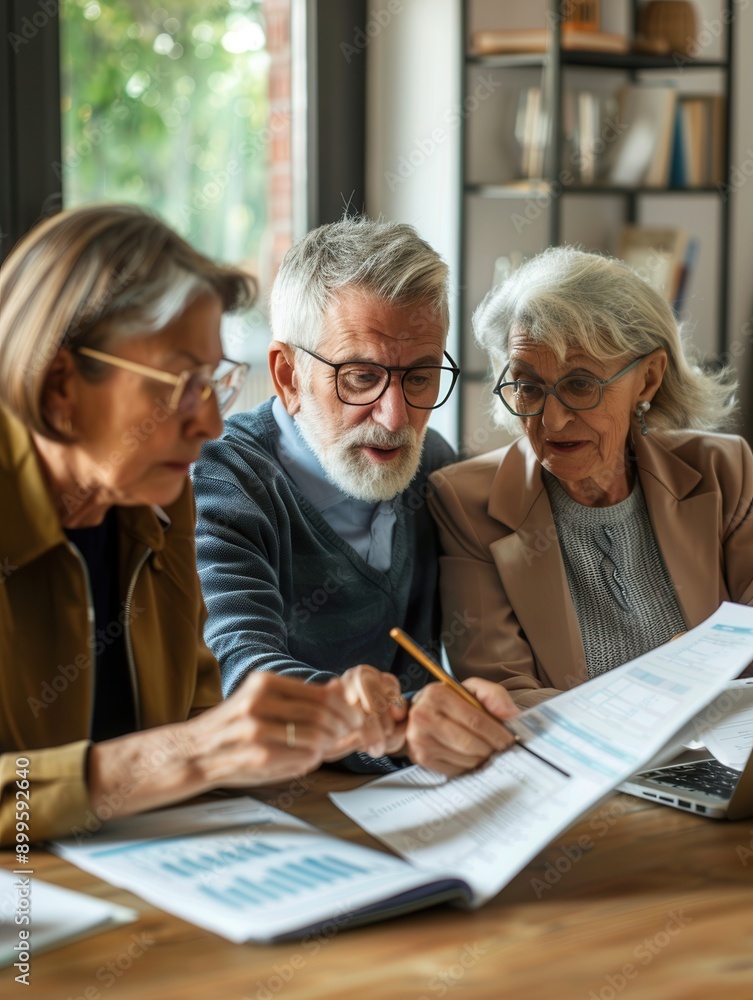 Poster three elderly individuals actively discuss plans while reviewing documents at a warm, inviting table