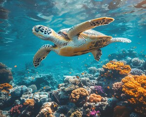Fototapeta premium Majestic Sea Turtle Gliding Through Vibrant Coral Reef Underwater Ecosystem