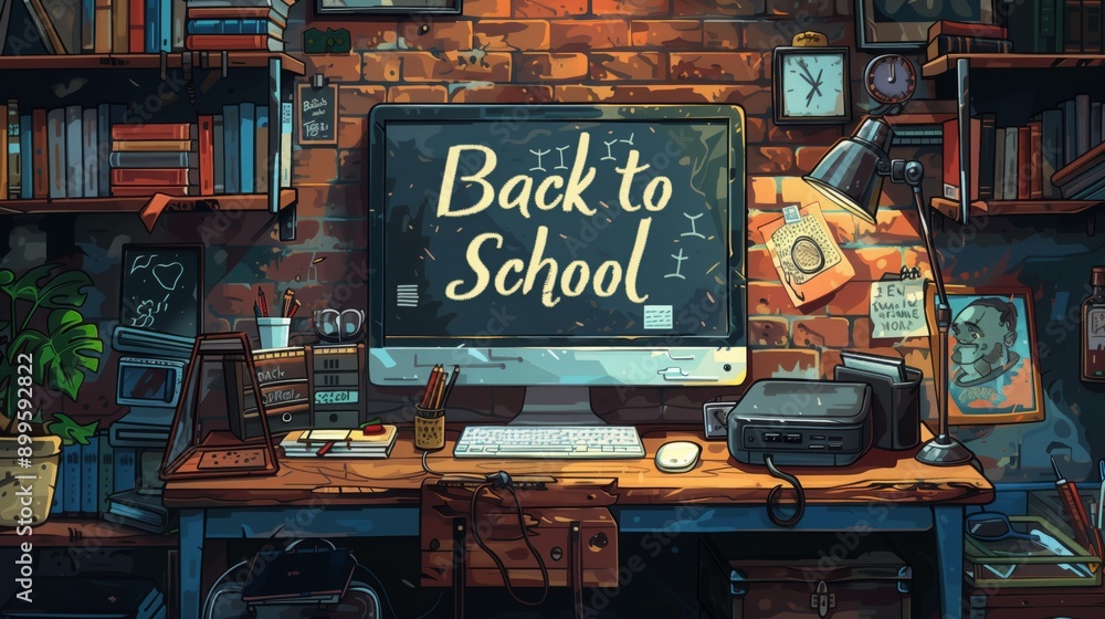 Poster a pixel art illustration of a desk with a computer displaying the text back to school on the screen,