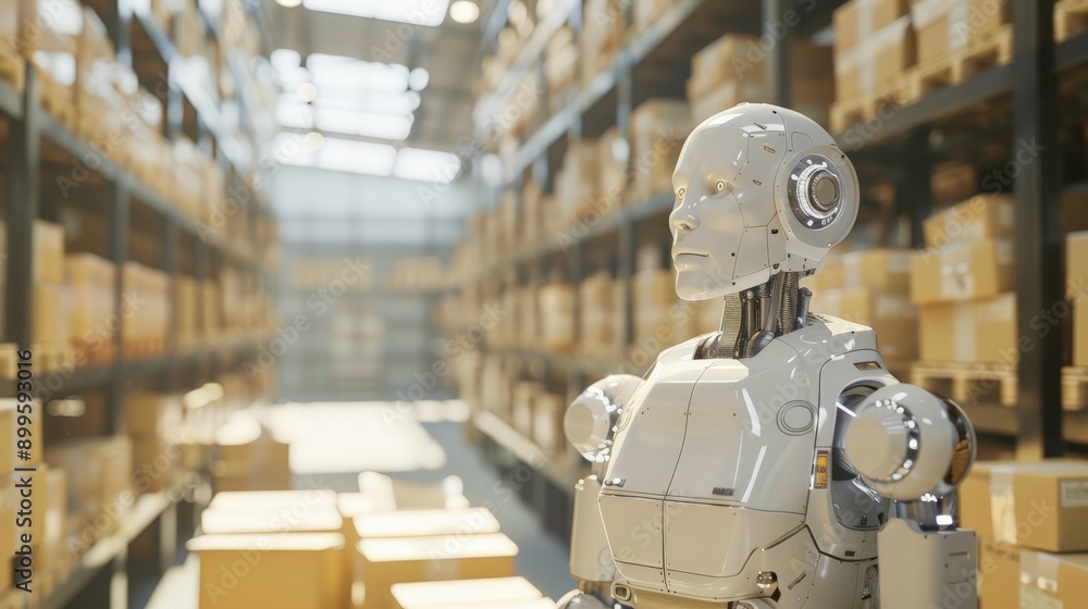 Aufkleber white humanoid robot standing in a sunlit warehouse full of boxes. modern ai and robotics in logisti