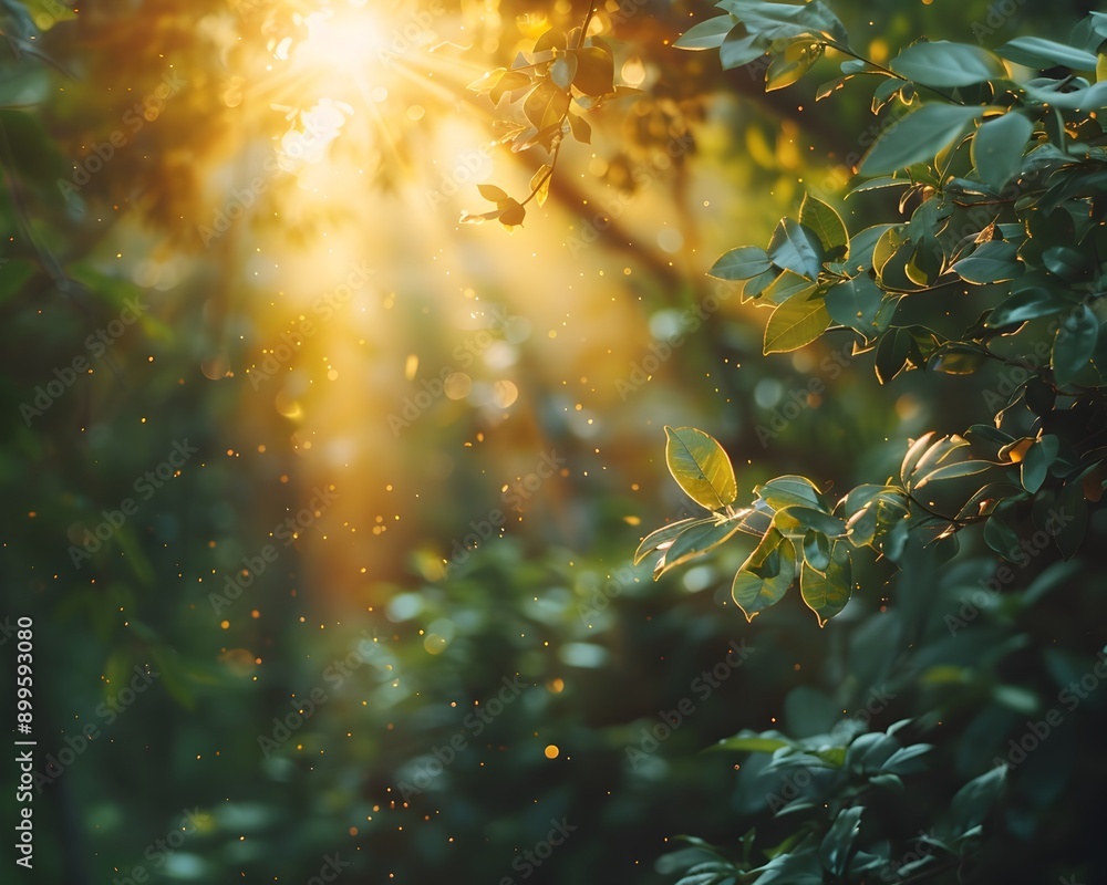 Poster sunlight filtering through a serene forest symbolizing new beginnings in nature
