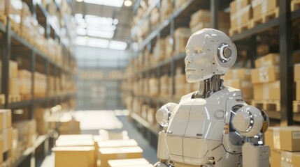 White humanoid robot standing in a sunlit warehouse full of boxes. Modern AI and robotics in logistics and storage.