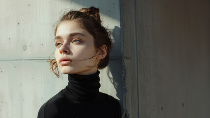 A young woman with her hair tied back, wearing a black turtleneck, gazes thoughtfully into the distance against a sunlit wall.