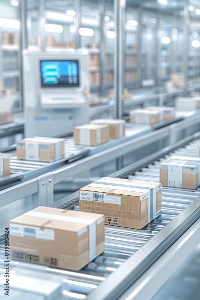 Poster shipping process improvement, innovative high-tech shipping facility with robots sorting packages wh