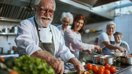 A group of joyful seniors in a professional kitchen, cooking together, and sharing laughter, reflecting camaraderie and passion for culinary arts.