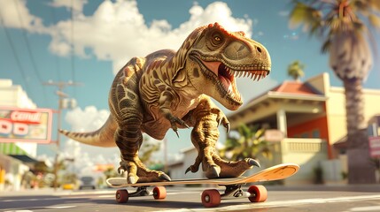 Fototapeta premium Humorous T rex Dinosaur riding on skateboard. Cool 80’s illustration style 