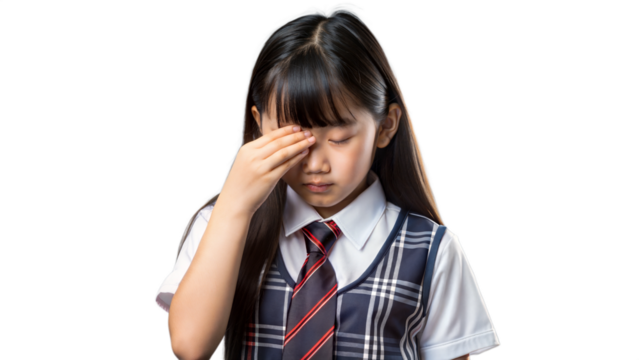 Young Student in School Uniform Holding Forehead Expressing Frustration