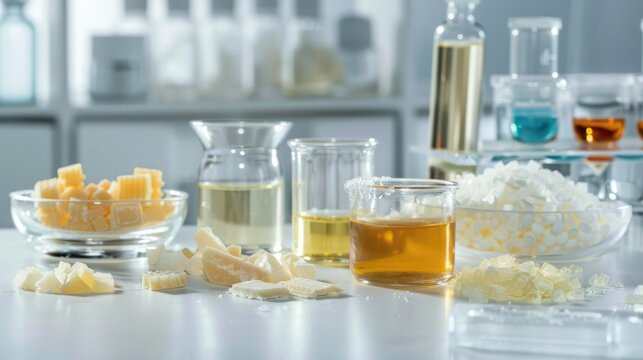 Different cosmetic chemicals on white lab table Carnauba Wax Candelilla Wax Microcrystalline wax Nickle chloride alcohol