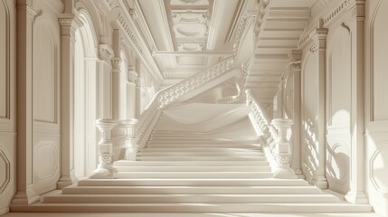 A grand, white staircase with ornate railings and columns in a stately hall.  Sunlight streams through the windows, illuminating the steps.