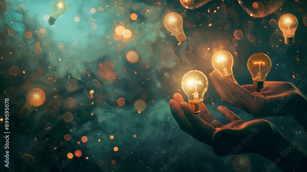 Poster hands holding glowing light bulbs with bokeh background, symbolizing creativity and innovation. perf