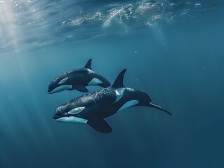 Majestic Orca Whale Family Swimming in Dramatic Oceanic Depths