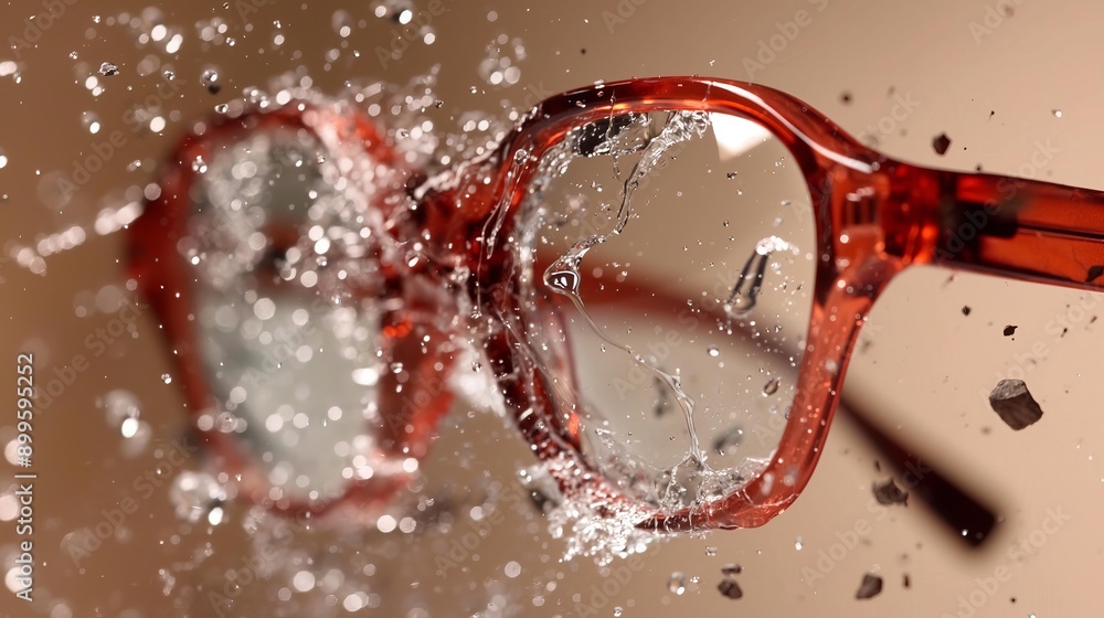 Poster red eyeglasses are splashed with water, creating a dynamic image with a focus on the intricate detai