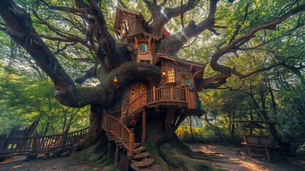 Fototapeta premium Vibrant, enchanted treehouse nestled high in a massive, ancient tree