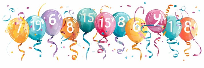 Naklejka premium Festive balloons, ribbons, and confetti with numbers 15, 16, and 18, ideal for milestone birthday