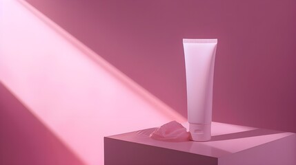 A minimalist presentation of a pink geometric cosmetic tube, set against a soft pink background, highlighting a modern and stylish beauty product.