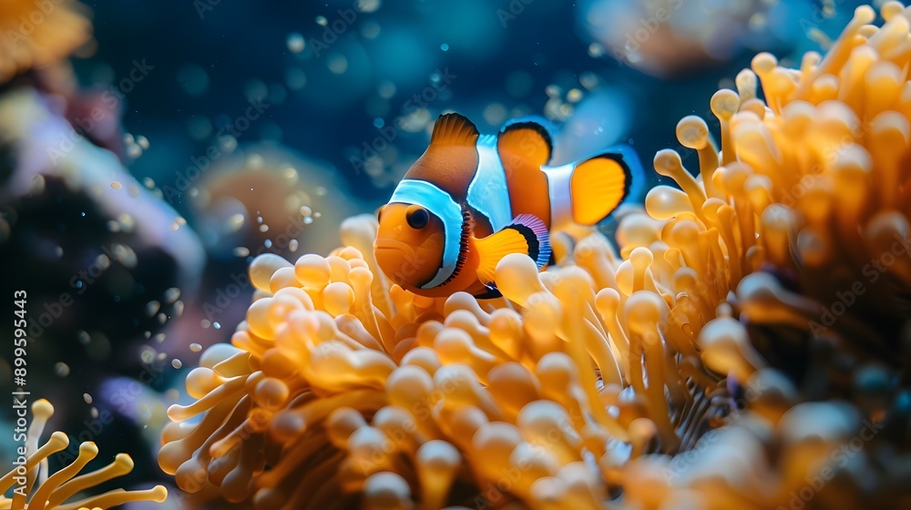 Poster clownfish swimming among vibrant sea anemones in crystal clear marine environment