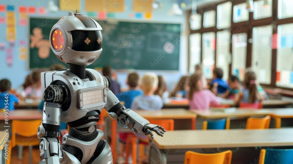 Poster Advanced robot educator interacting with students in high-tech classroom. Cutting-edge AI and robotics technology in modern education.