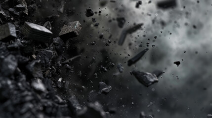 Dark rocks and debris hurl through a smoky, chaotic atmosphere, capturing the raw power and intensity of a natural disaster or explosive event.