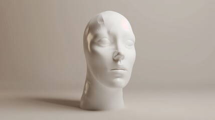 A white, plaster, female mannequin head against a light background.
