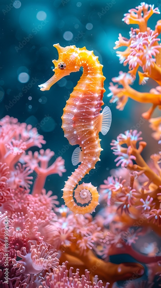 Poster Vibrant Seahorse Clinging to Coral in Underwater Marine Environment