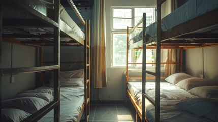 Fototapeta premium Sunlight streams into a tidy dorm room with neatly made bunk beds and a large window, emphasizing the clean and welcoming atmosphere.