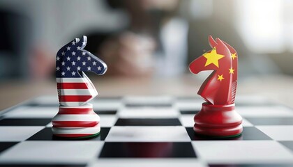 Naklejka premium The United States flag and the Chinese flag are screen printed on a pawn chess piece. Represents trade war tariff barriers between the United States and China.