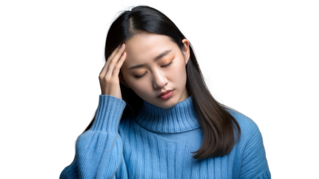 Young Woman Wearing Blue Sweater Touching Head in Thoughtful Moment