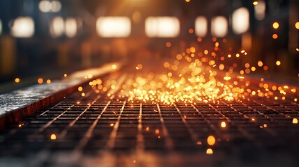 A close-up shot of sparks flying from a metal surface in a workshop, illustrating industrial activity and craftsmanship.