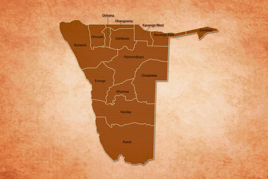 Namibia Map. Namibia Map with federal states in A vintage Color Texture Background