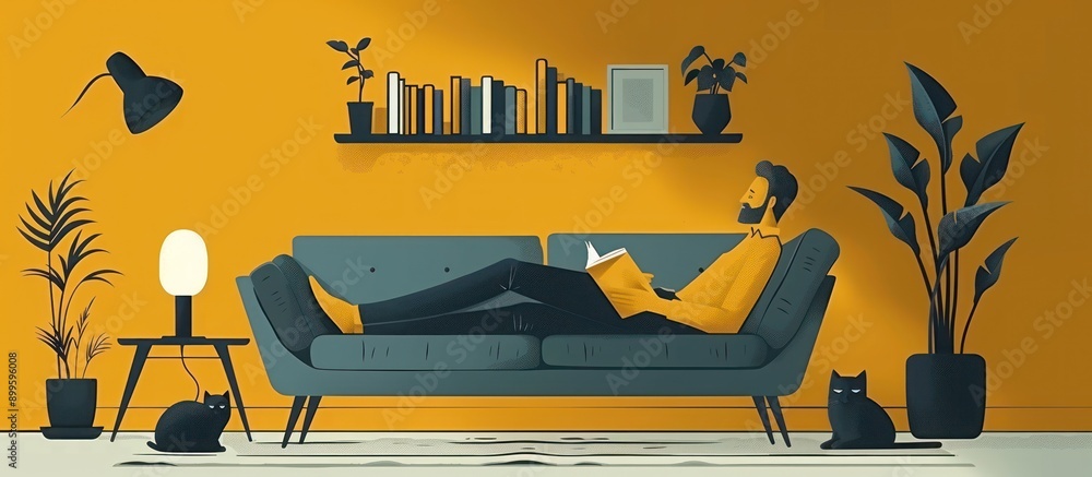 Aufkleber man relaxing on a sofa with a book