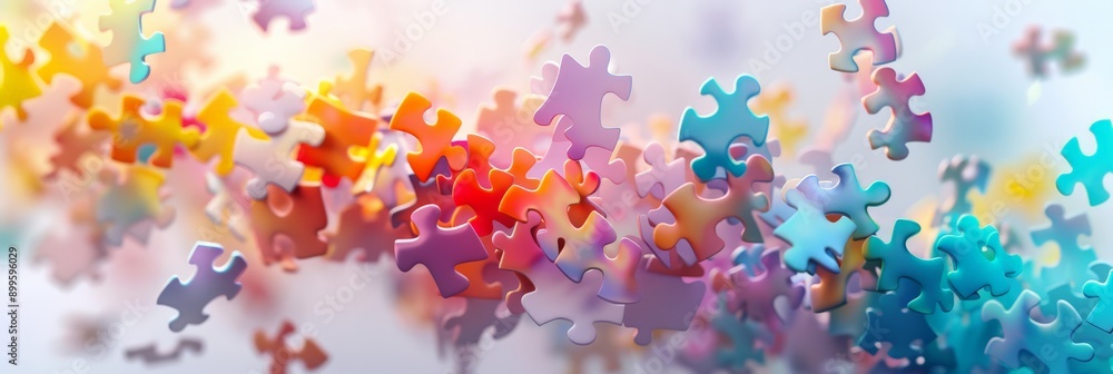 Aufkleber floating colorful puzzle pieces in the air. creative and imaginative concept.