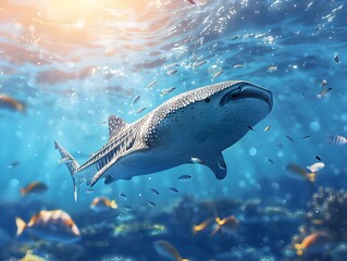 Naklejka premium Majestic Whale Shark Swimming Peacefully Alongside a School of Fish in the Clear Blue Ocean